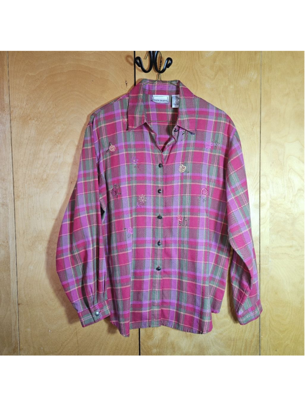 Vintage Women's Napa Valley Plaid Button Down Shirt M Pink Green